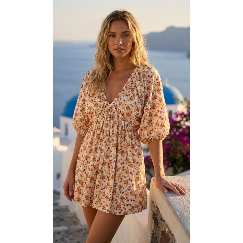 Kaii White Orange Resort Floral Dress Size Large